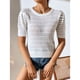 thumbnail image 3 of Blusa de punto ahuecada Cuello redondo Manga corta abullonada Ajuste casual Blusa ahuecada de color puro, 3 of 8