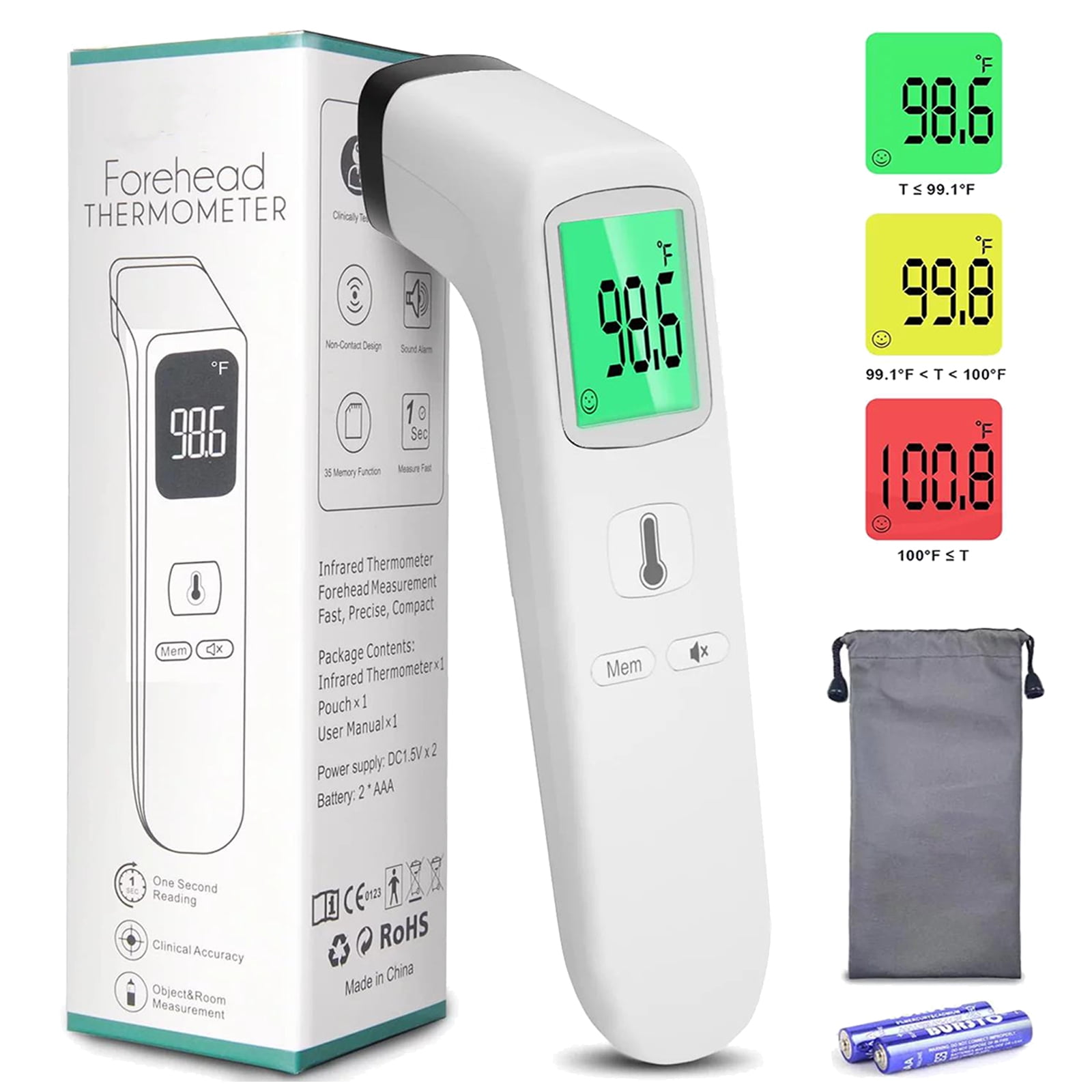 Gray+White Baby Temperature Monitor Digital High Precision Adult Ear Forehead LCD Infrared Electronic Thermometer with ℃ & ℉ Switching and Auto Power Off Function 