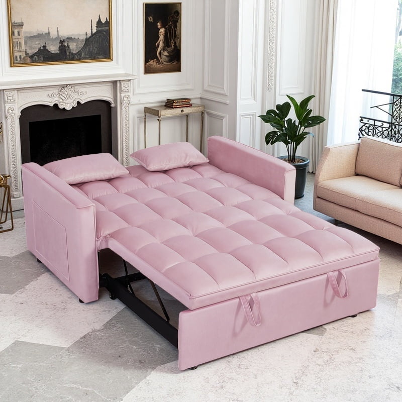 BSHTI 54" Pull-Out Sleeper Sofa Bed, Twin Size with Solid Wood Frame, 3-Position Reclining Back, Velvet Upholstery with Piping, Side Pocket Storage, 2 Pillows Included,Pink