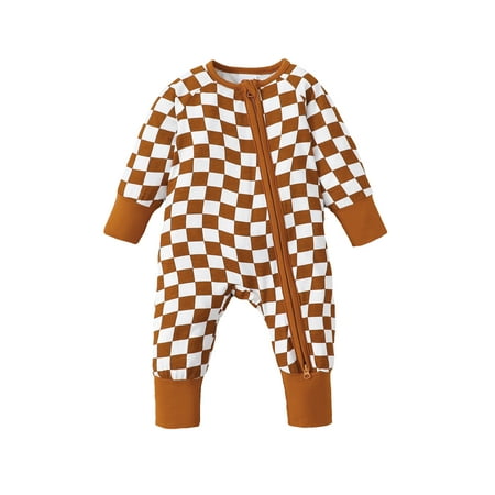 

Kucnuzki Newborn Baby Boys Bodysuits 9-12 Months Baby Boys Winter Clothes Round Neck Long Sleeves Romper Checkboard Print One-piece Overalls Zipper Brown
