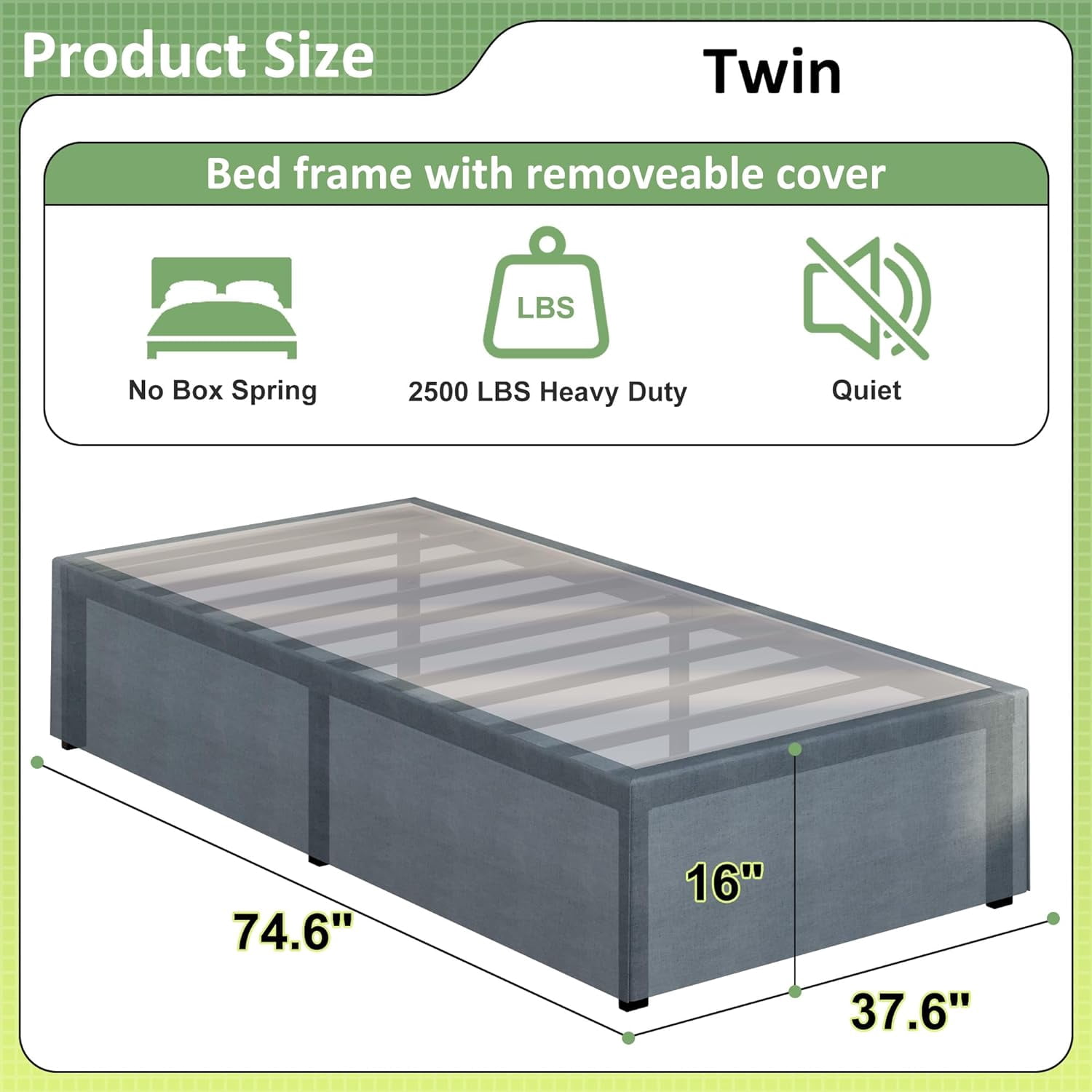 Lutown-Teen 16 inch Twin Metal Platform Bed Frame with Fabric Cover, No Box Spring Needed, Easy to Install, Black