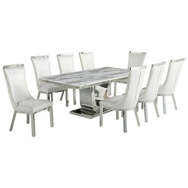 Ensemble de Salle à Manger 9pc en Marbre Blanc avec Acier Inoxydable Argenté et 8 Chaises
