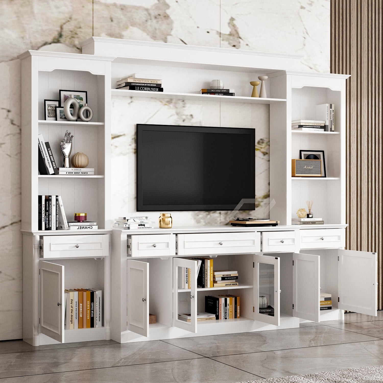 KULAGAGA  104.3"W 4-Piece Entertainment Center Wall Unit Set For TVs Up to 65", Modern TV Stand Large Media Console Cabinet with 13 Shelves, 5 Drawers & Countertop,White