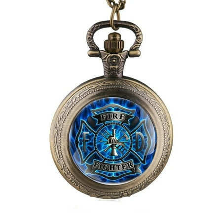 - Fire Fighter Blue Face Pocket Watch Pendant Anti-Tarnish Firefighters Antique Copper Color, WP-FF-2