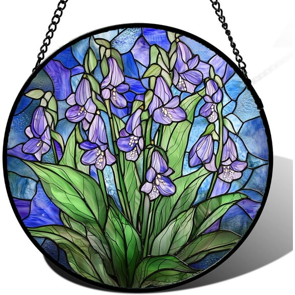 Stained Glass Suncatcher, Blue Purple Flowers Green Leaves Sun Catcher Plants Stain Glass Window Hanging Decoration Mother's Day Birthday Gifts for Women Men Mom and Nana