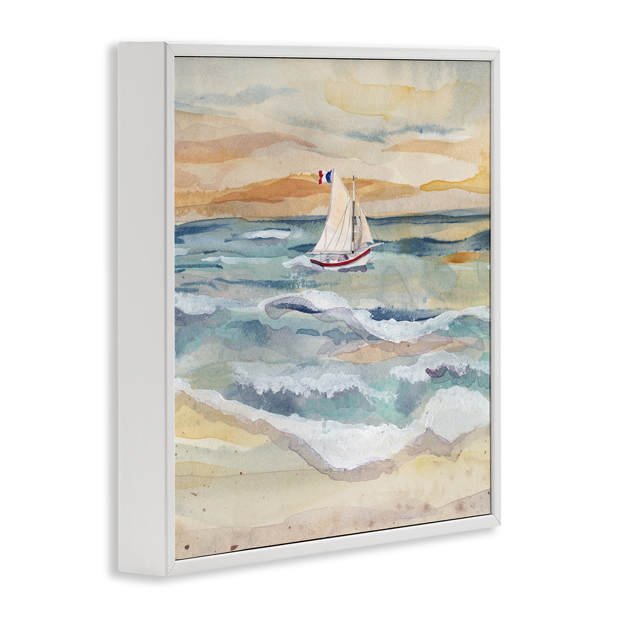 Stupell Industries Watercolor Boat Beach View Transportation Painting White Framed Art Print Wall Art, 24 x 24
