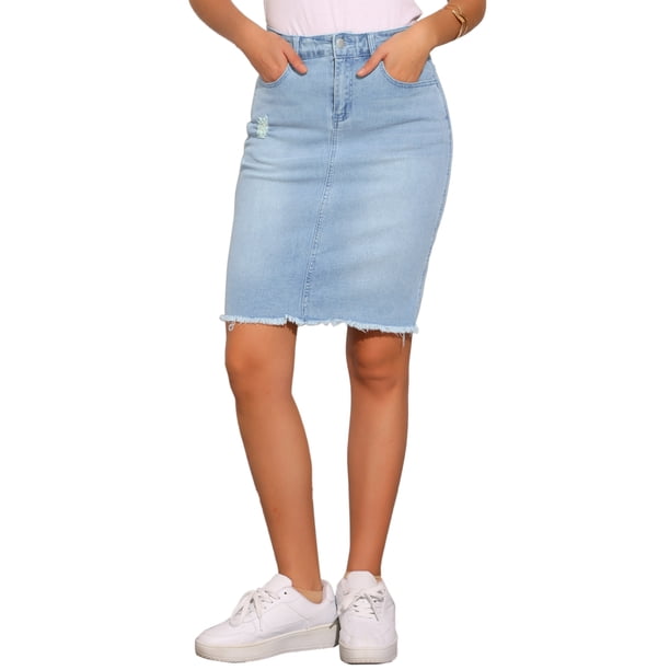 Faldas de mezclilla para mujer INSPIRE CHIC, desgastadas, de cintura alta, con dobladillo rasgado, faldas de jeans lavadas con bolsillos, color azul claro