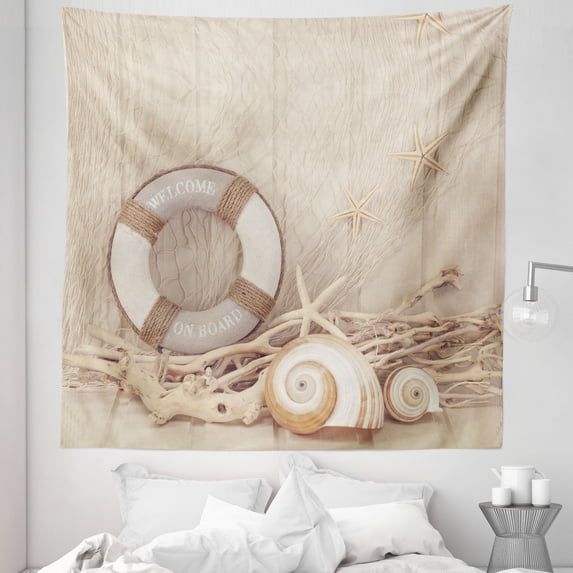 Holiday Tapestry, Welcome on Board Wooden Sepia Fishnet Holiday Maritime Theme Print, Fabric Wall Hanging Decor for Bedroom Living Room Dorm, 5 Sizes, Tan Beige White, by Ambesonne