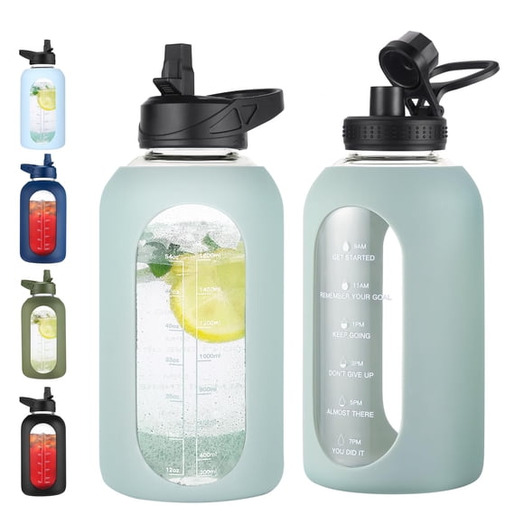 Botella de Agua de Vidrio EALGRO 1.9L con Pajilla, Asa y Funda de Silicona