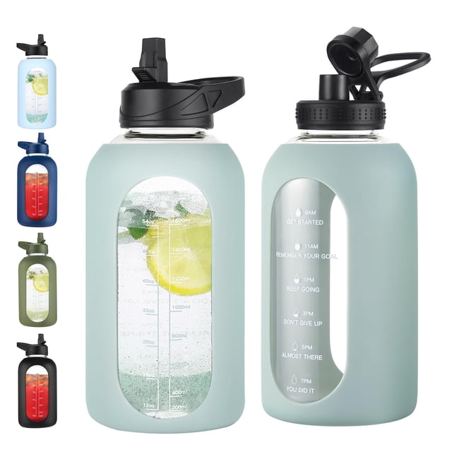 Botella de Agua de Vidrio EALGRO 1.9L con Pajilla, Asa y Funda de Silicona