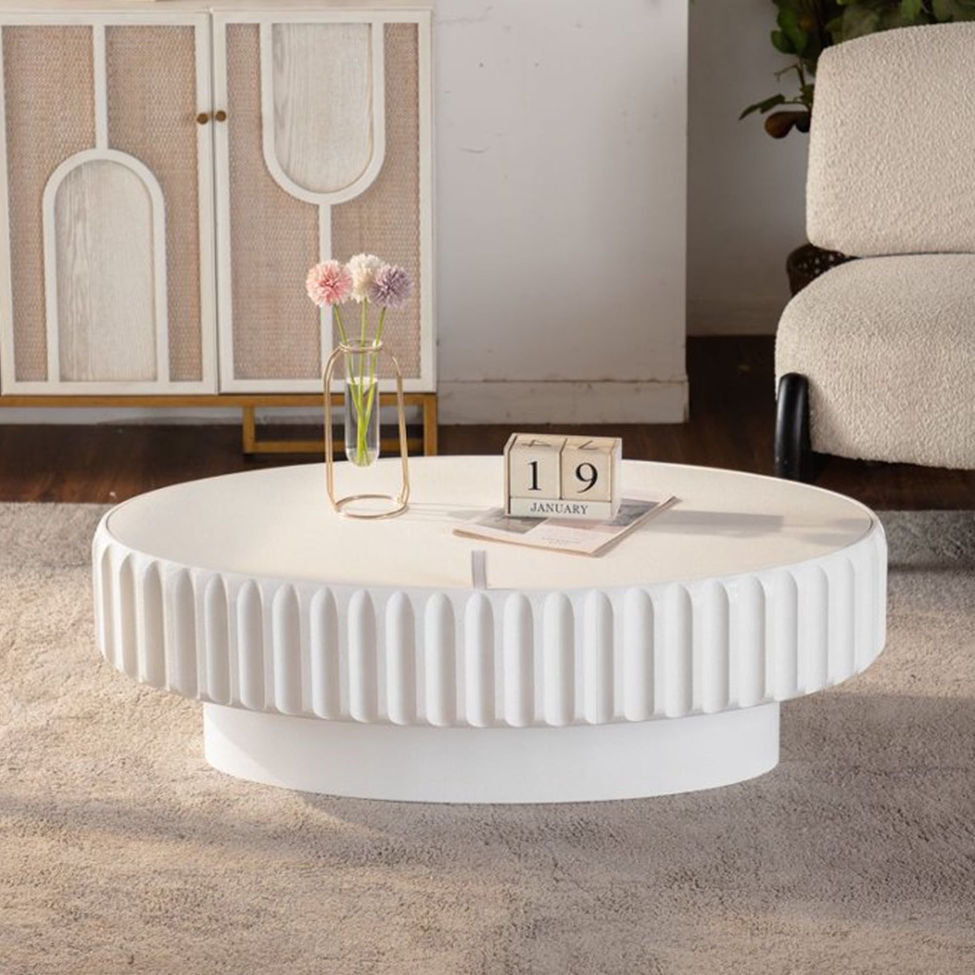 Leumius Coffee Table Fluted Storage Table with Lift-Off Lid, Sleek Texture Olive-Shaped Tea Table for Living Room Apartment White