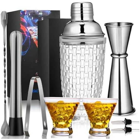 9 Pcs Cocktail Shaker Set 13 oz Glass Cocktail Shaker with Built-in Strainer, 2 Martini Glasses, Shakers Bartending Drink Mixer Set Gifts for Christmas (Silver)$$Home Decor, Kitchen, & Other