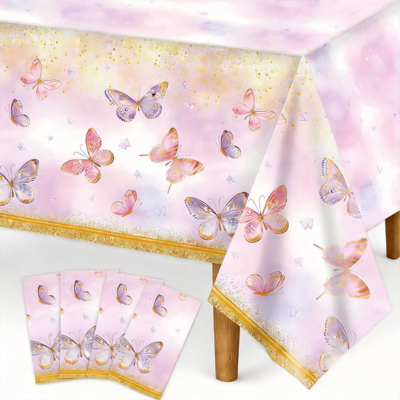 Butterfly Birthday Party Tablecloth 4 Pack, 108 x 54 Inch Disposable Plastic Table Covers, Pink and Purple Butterfly Theme Decorations for Girls Kids Birthday and Baby Shower