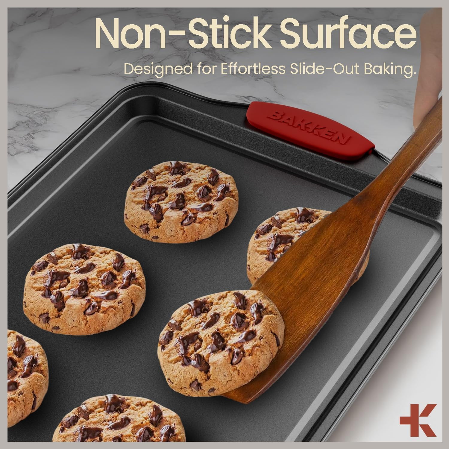 Bakken- Swiss Kitchen Baking Pans - Medium (15.15 × 10.03") and Large (17.1 x 11.8") Nonstick Sheets, Carbon Steel Cookie Sheets with Gray Silicone Handles Oven Safe (450°F), Set of 2