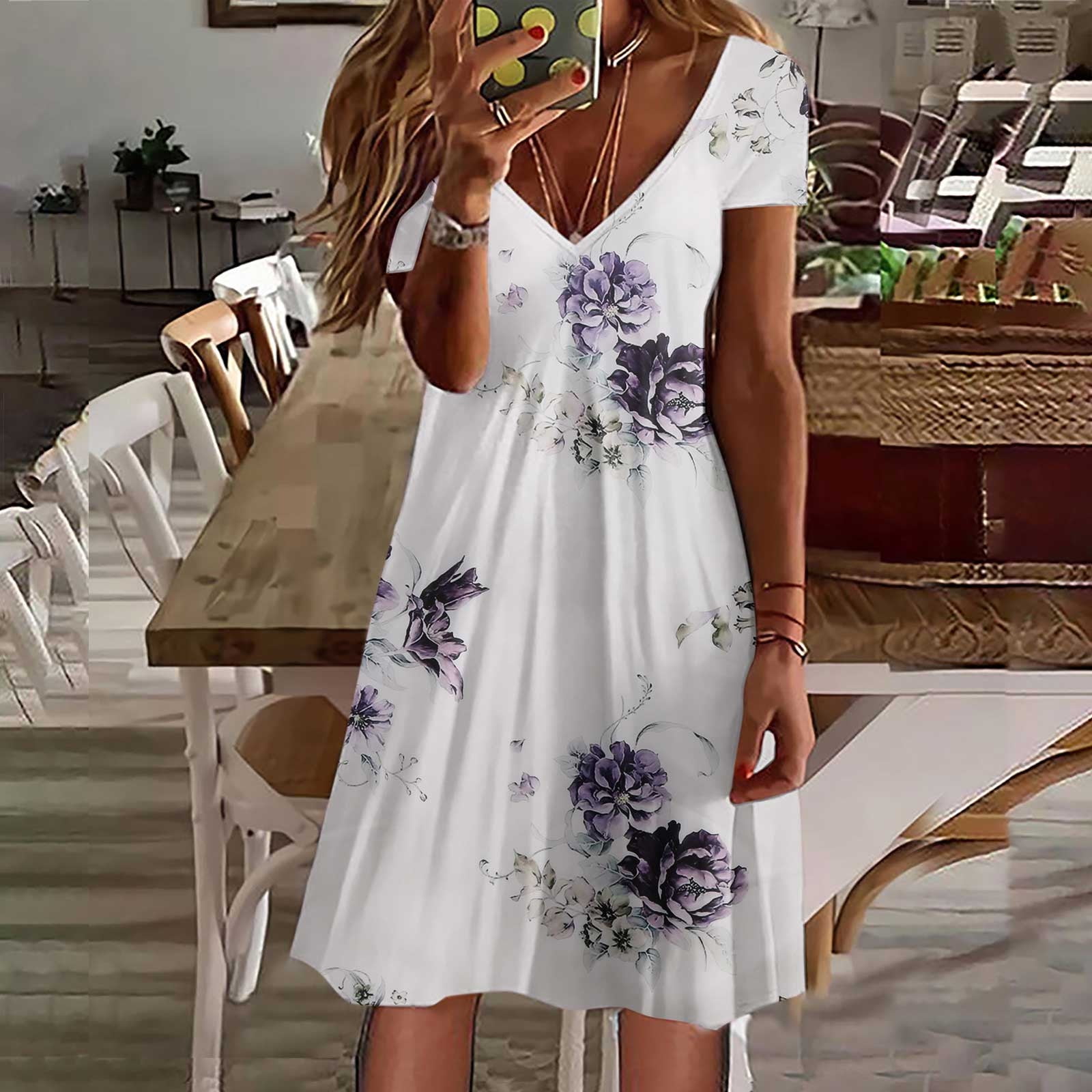 White and Purple Floral Wrap Dress