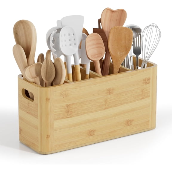 Bamboo Utensil Holder for Kitchen Counter, Extra Large Utensil Organizer for Countertop with 4 Compartments, Cooking Utensil Holder for Spatula Kitchen Storage