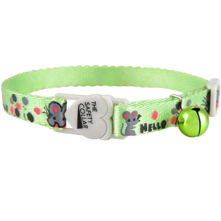 Jeffers Pet Cat Collar with Bell – Durable Breakaway Plastic Buckle Safety Collar for Kittens & Adult Cats, Adjustable Single-Ply Nylon, Indoor & Outdoor Use – Hello Mouse Design, Light Green