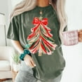 thumbnail image 4 of Red Bow Christmas Tree Graphic Print T-Shirt | Festive Holiday Design | Comfort Colors Light Green Tee, 4 of 7