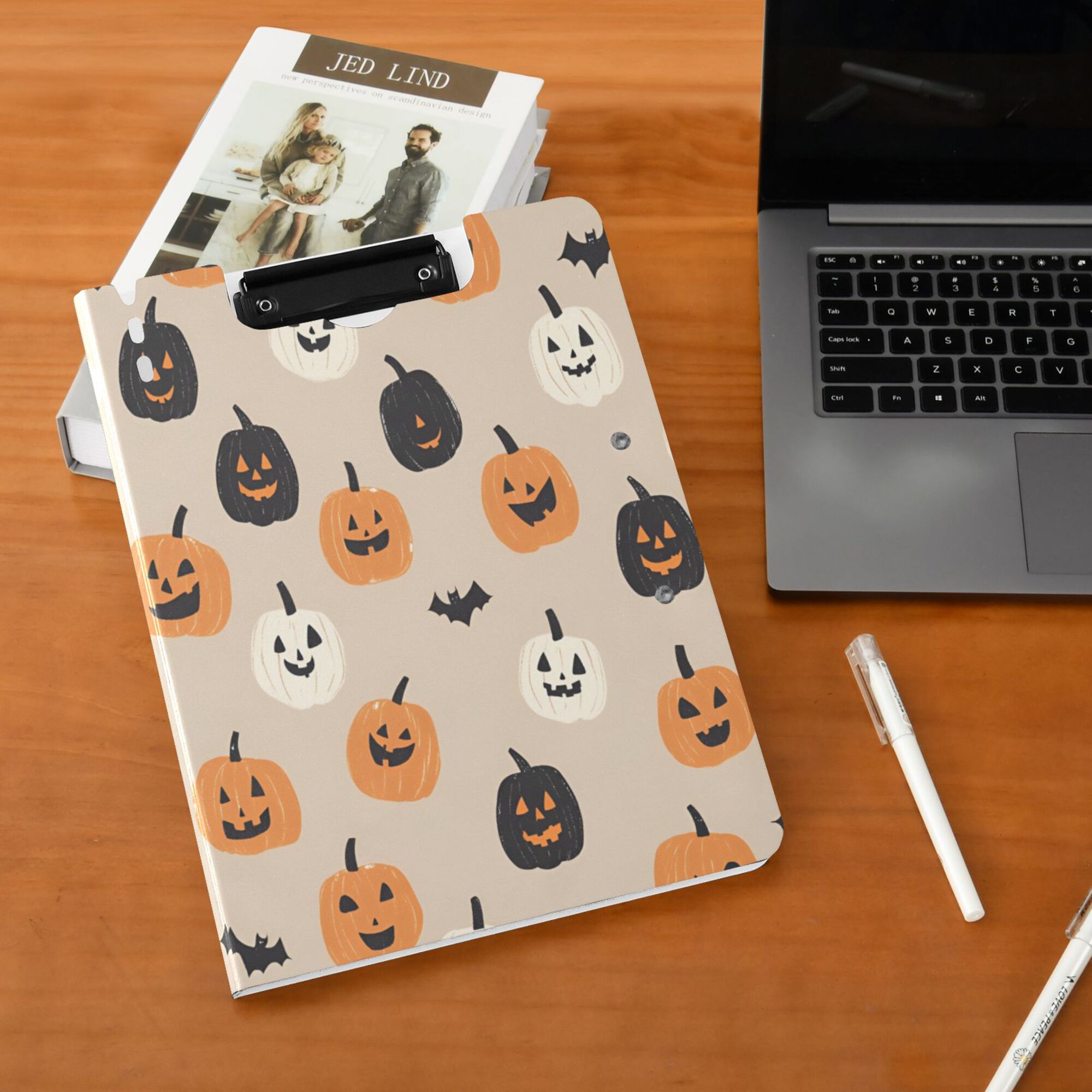FORMRS A4 Clipboard Folder with Pen Holder Horizontal Foldable School Office Binder, Beige Halloween Pumpkin