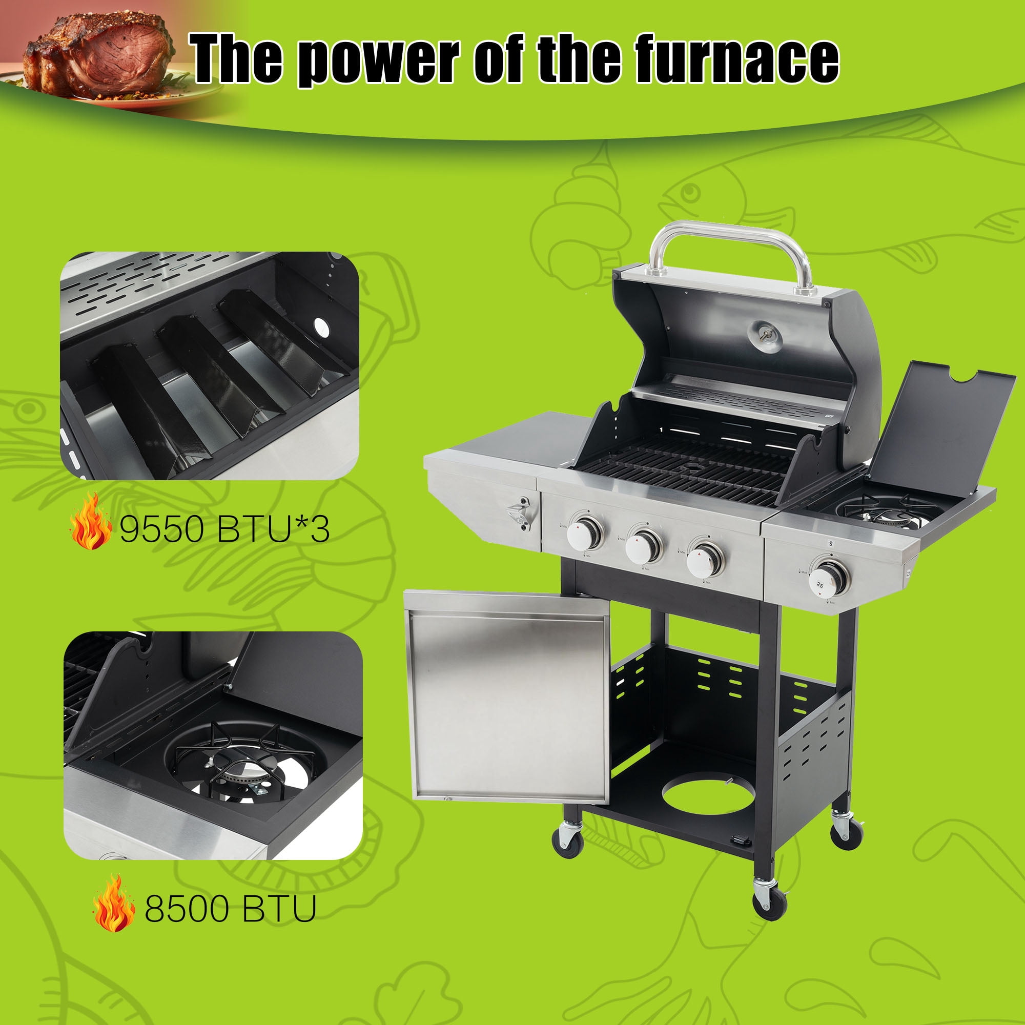 Holaki 3-Burner Propane Gas Grill with Side Burner, Stainless Steel, 37,000 BTU, Thermometer, Outdoor Bbq Grill