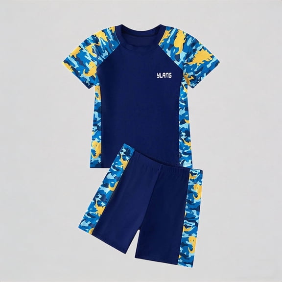 Krdevn Boys Two Piece Rash Guard Swimsuit Camo Print Raglan Short Sleeve Color Block Elastic Waist Trunks Summer Beach Pool Swimwear,13-14 Years