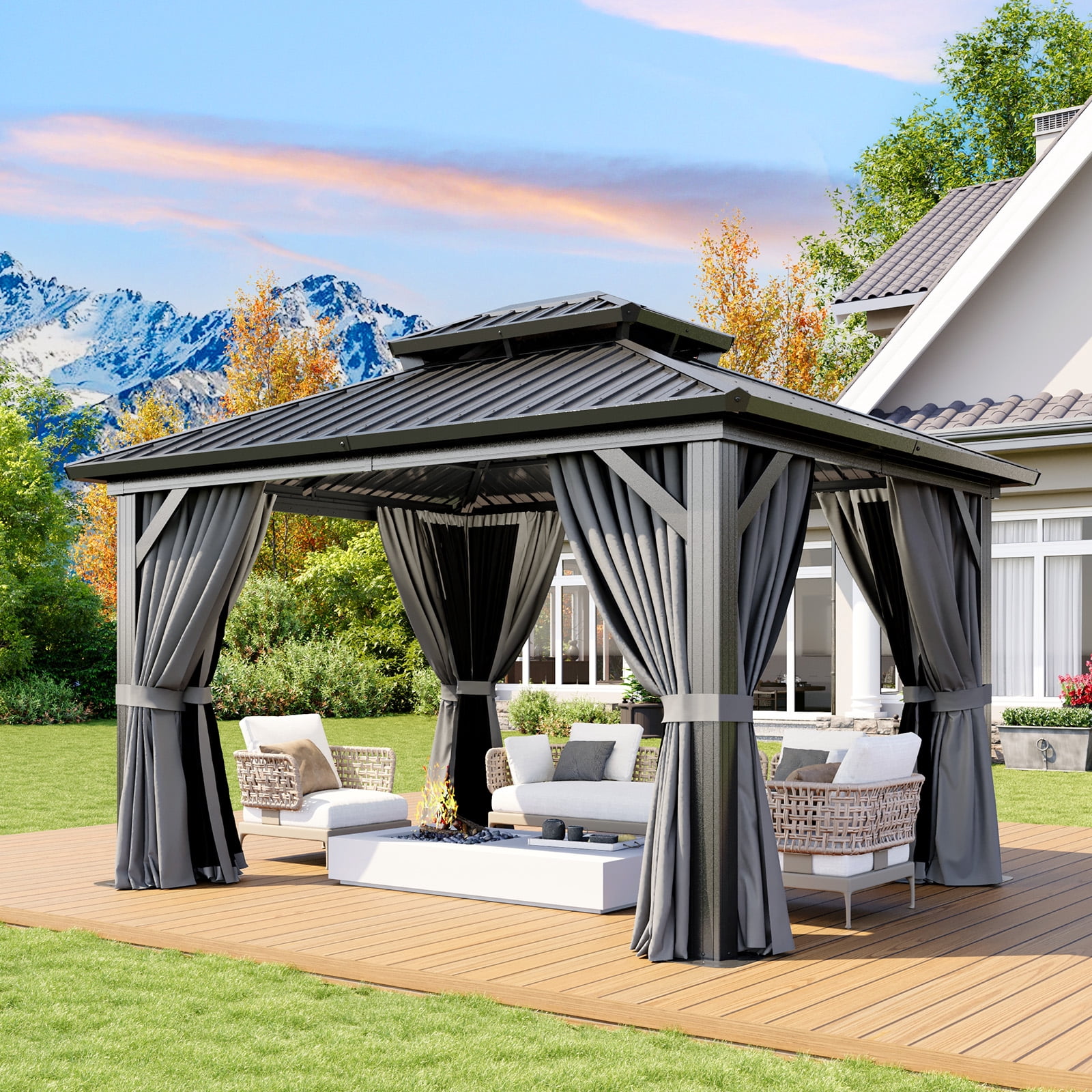 Dateyes 10x12 FT Outdoor Hardtop Gazebo, Aluminum Frame Gazebo with Removable Mesh Walls and Curtains for Patio, Lawns, Gray