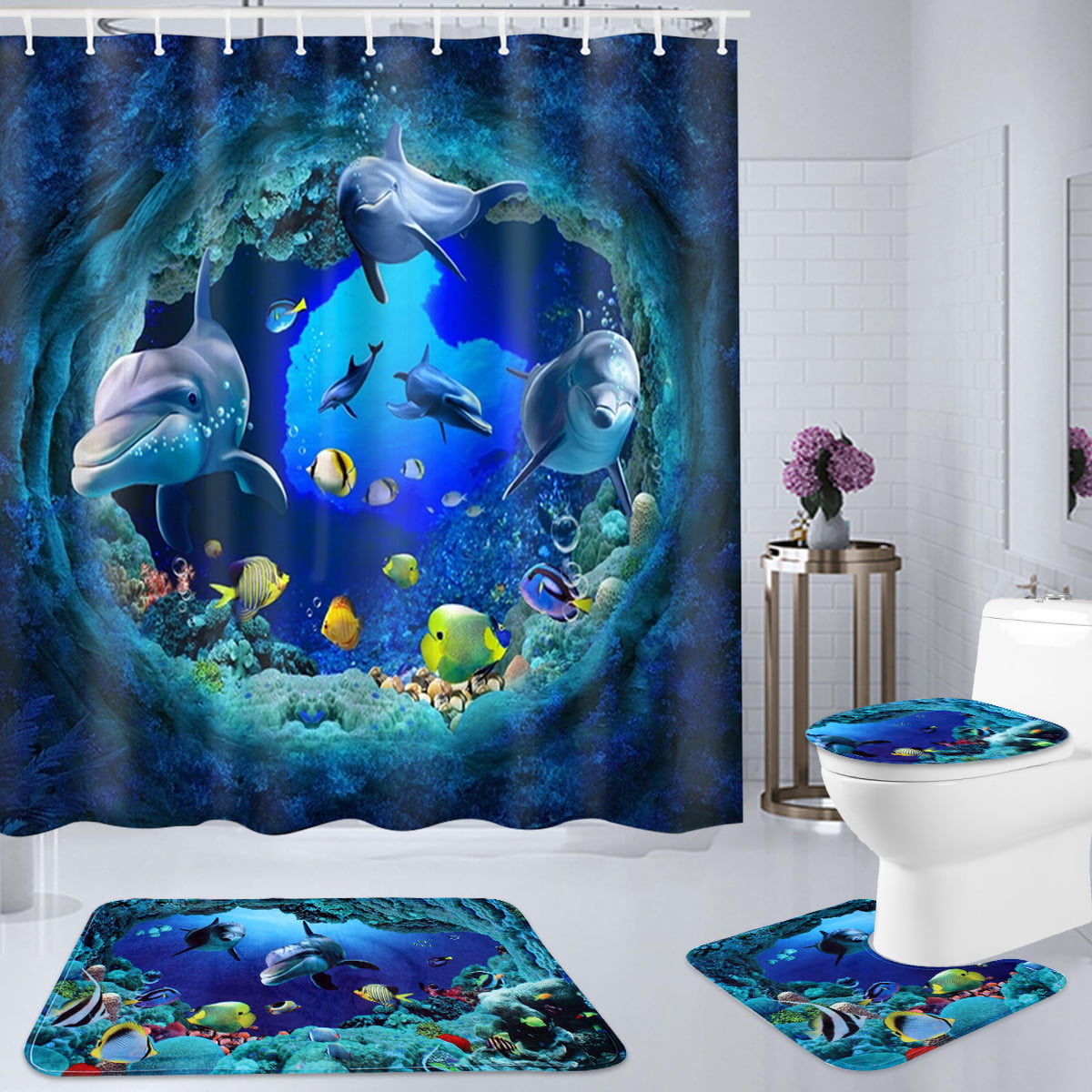 Shark Shower Curtain Bathroom Rug Set Thick Bath Mat Non-Slip Toilet Lid Cover 