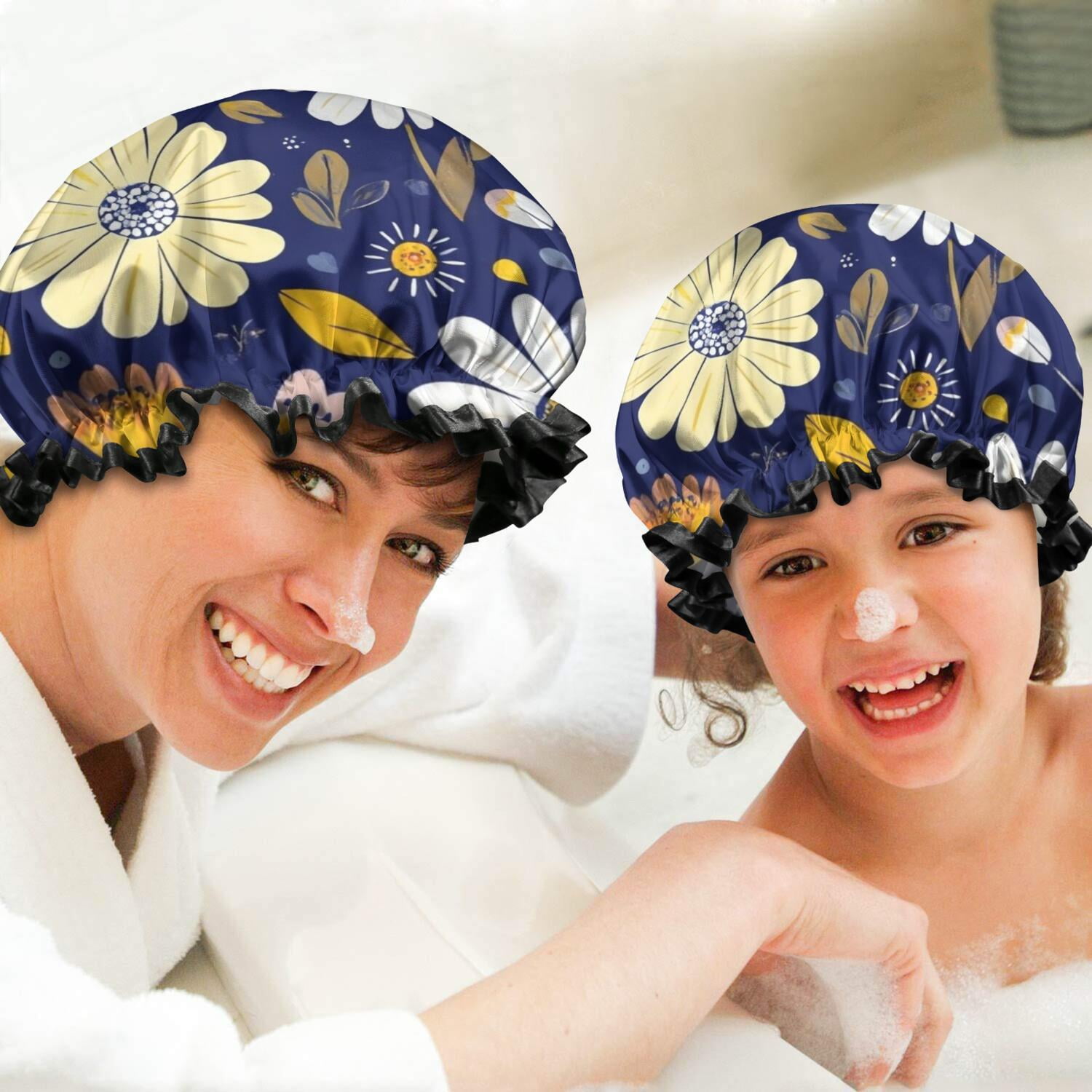 Shower Caps,Pioneer Flower Floral Print Pattern Waterproof Shower Cap for Women 4 Pieces,Double Reusable Hair Cover for Shower PEVA Elastic Stretch Hem