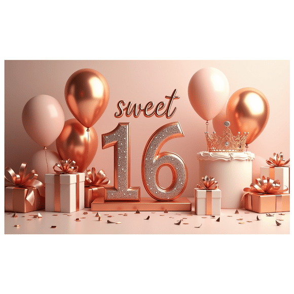 Sweet 16 Birthday Party Decorative Backdrop Banner with Balloon Arch Crown Party Supplies Photography Props Decors