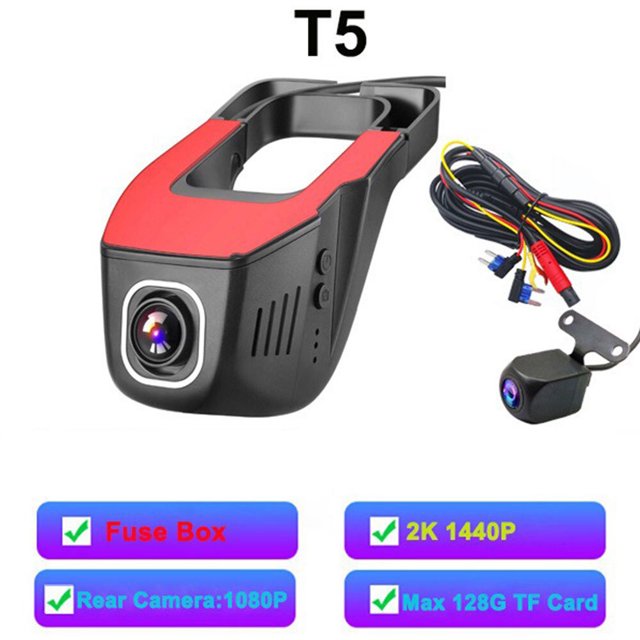 Coche Universal DVR OKEPOO Grabadora Oculta Visión Nocturna 24 Horas Monitoreo de Estacionamiento WIFI 1440P y 1080P Lentes Duales Traseras T5