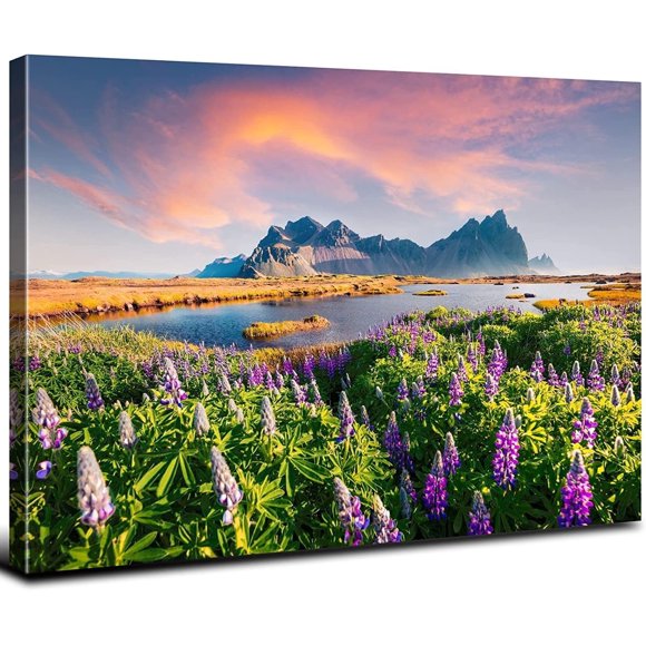 Purple Lupine Flower Canvas Wall Art National Park Mountain Landscape Prints Picture Sunset Nature Prairie Photography Painting Posters Blue Lake Artwork for Kitchen Bedroom Home Decoration 12x16"