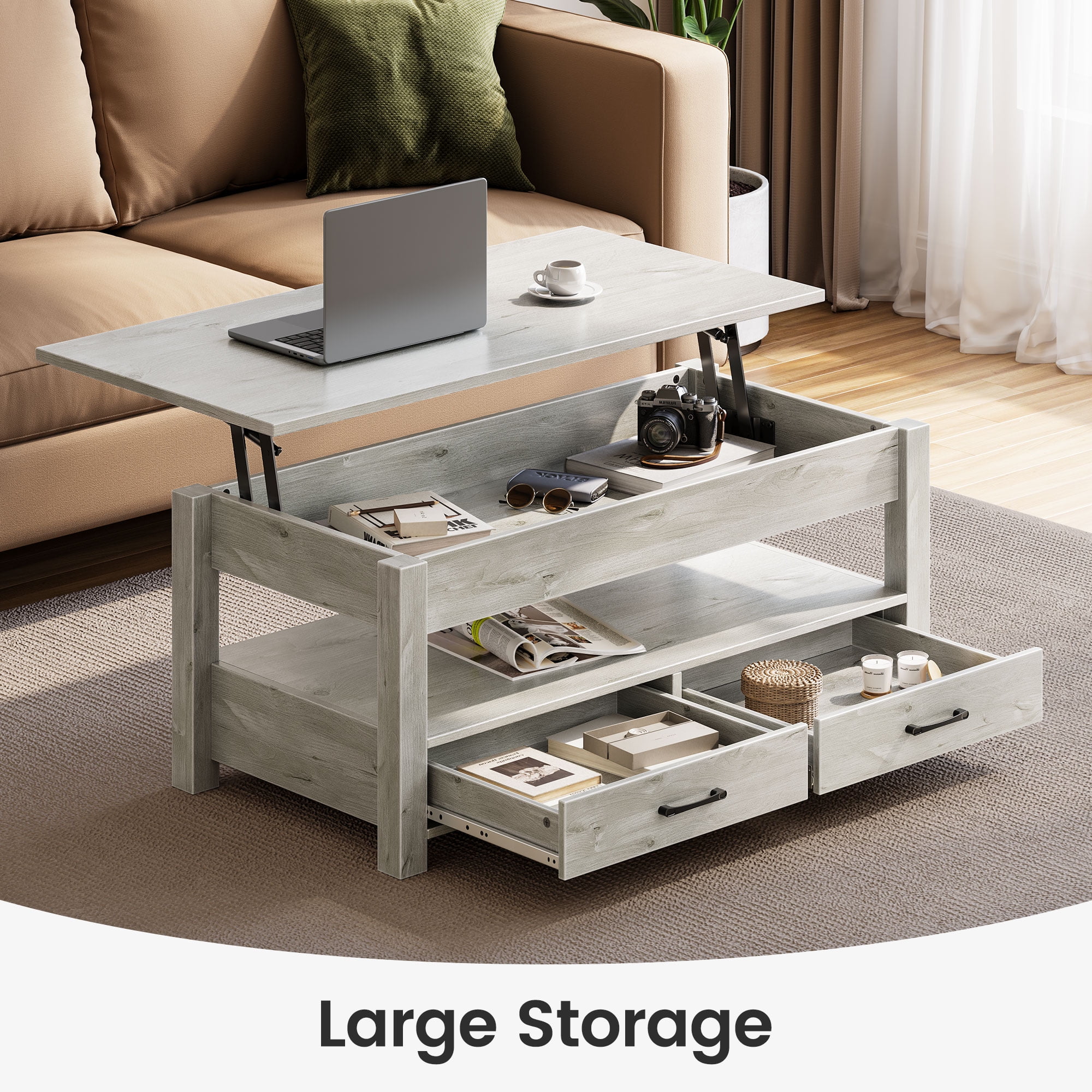 Greenstell Lift Top Coffee Table with 2 Drawers,39"Wide, Gray