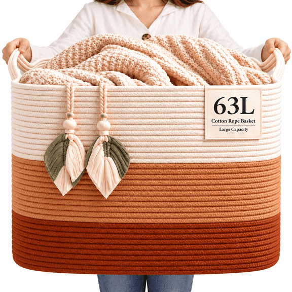 HAWQP Large Blanket Basket , 21.6"x 14.9" Woven Storage Basket with Handles ,Decorative Basket Laundry Basket for Living Room Bedroom Bathroom,Toys Storage Basket & Laundry Hamper-White & Brown