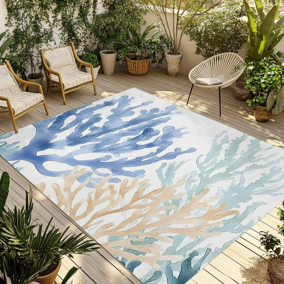 Fsddascl Coral Blue Green Beige Outdoor Rug for Patio/Deck/Porch, Non-Slip Large Area Rug 5 x 8 Ft, Summer Coastal Ocean Plant Indoor Outdoor Rugs Washable Area Rugs, Reversible Camping Rug Carpet