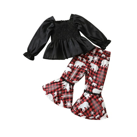 

DuAnyozu Girls Christmas Outfits Long Puff Sleeve Smocked Ruffle Tops Plaid Flare Pants Set