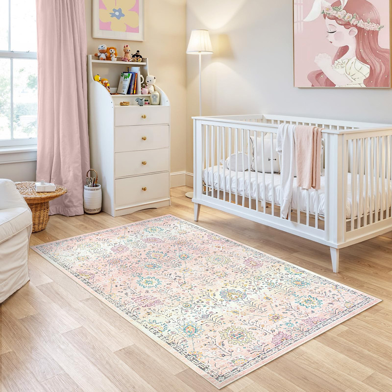 Wonnitar 3'x5' Light Pink Boho Rug, Machine Washable Area Rugs 3x5ft Dorm Rugs for College Students Girls, Soft Floral Small Nursery Pastel Rug Pink Carpet for Bedroom Kids Room