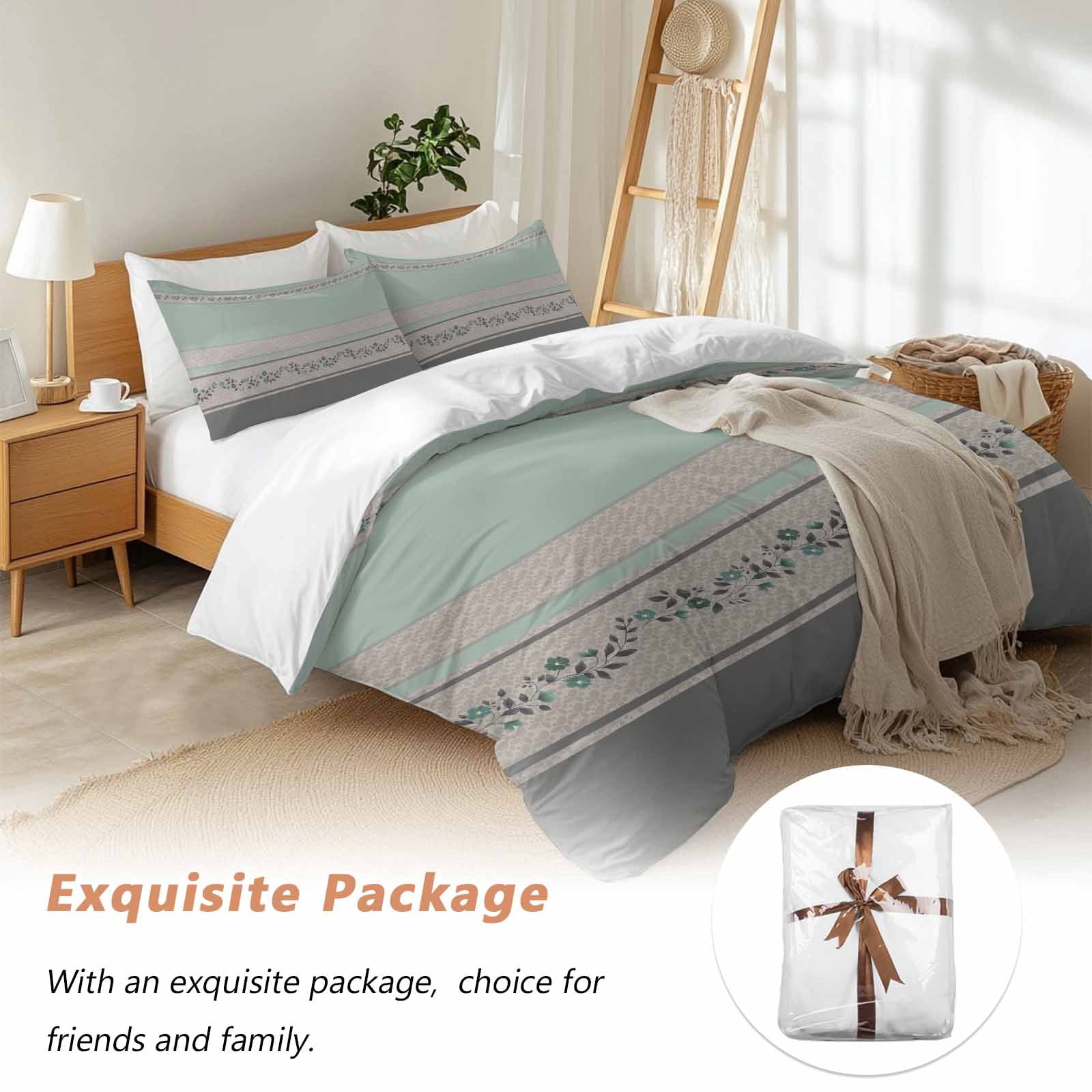 Turquoise Floral Bedding 3 Piece Duvet Cover Set Full Size, Modern Farmhouse Leaves Gray Striped Soft Microfiber Comforter Cover with Zipper Closure & Pillowcases, Wrinkle & FadeResistant Quilt Cover
