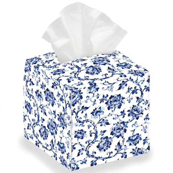 Blue Artistic Flower Tissue Box Holder Leather Square Foldable Facial Paper Decorative Tissue Box Cover Paper Towel Case Container Organizer