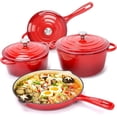 thumbnail image 1 of for Enameled Cast Iron Cookware Set - 7 Piece Set of Dutch Ovens, Sauce Pan, Skillet, 3 Lids, Dutch Oven Set, Ceramic Nonstick Coated, Heavy Duty, Gas/Induction Compatible, PFOA Free, Red, 1 of 7