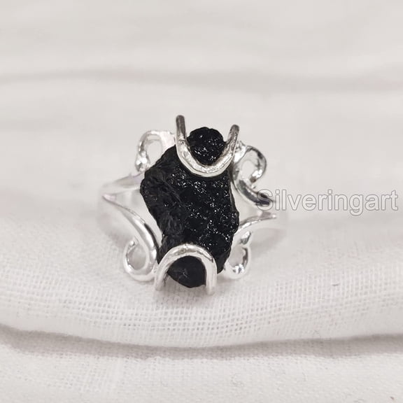 Natural Black Tourmaline Ring, Rough Tourmaline Ring, October Birthstone, Hippie Wire Ring, 925 Sterling Silver, Womens Ring, Christmas, Thanksgiving, Handmade, Statement Jewelry, Raw Gemstone Jewelry