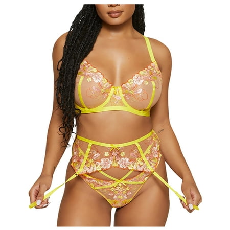 

BIZIZA Babydoll Lingerie for Women 2023 Teddy Babydoll Two Piece Women s Lace with Garter Belt Bra and Panty Sets Sexy Underwear for Women Yellow XL