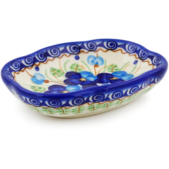 Polish Pottery 5-inch Soap Dish (Blue Pansy Theme) Hand Painted in Boleslawiec, Poland Certificate of Authenticity
