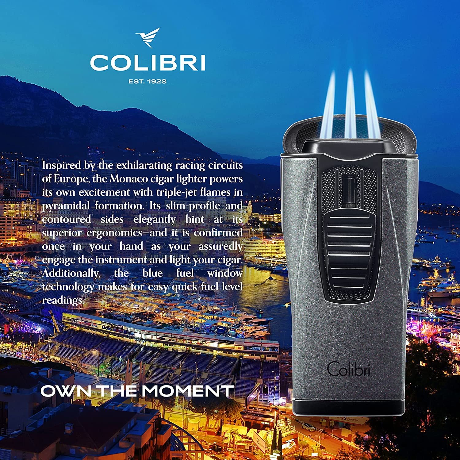 Colibri Monaco Triple Jet Flame Lighter - Windproof & Refillable, Cigar Enthusiast's Choice with Blue Fuel Window and Adjustable Flame (Metallic Charcoal)
