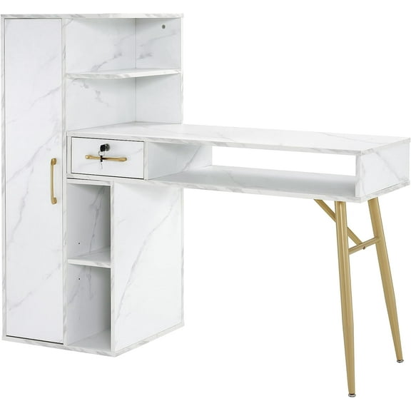 BarberPub Manicure Table, Nail Desk with Marble Texture, Nail Table with Cabinet 2622