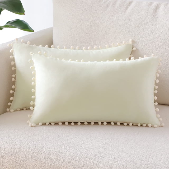 (30x50 cm, Blanco Crema)Juego de 2 Fundas de Cojines Decorativas de Terciopelo Suave con Pompones, Fundas de Almohada para Decoración del Hogar, Fundas de Cojines para Sofá, Cama, Silla, Dormitorio, Sala de Estar JM