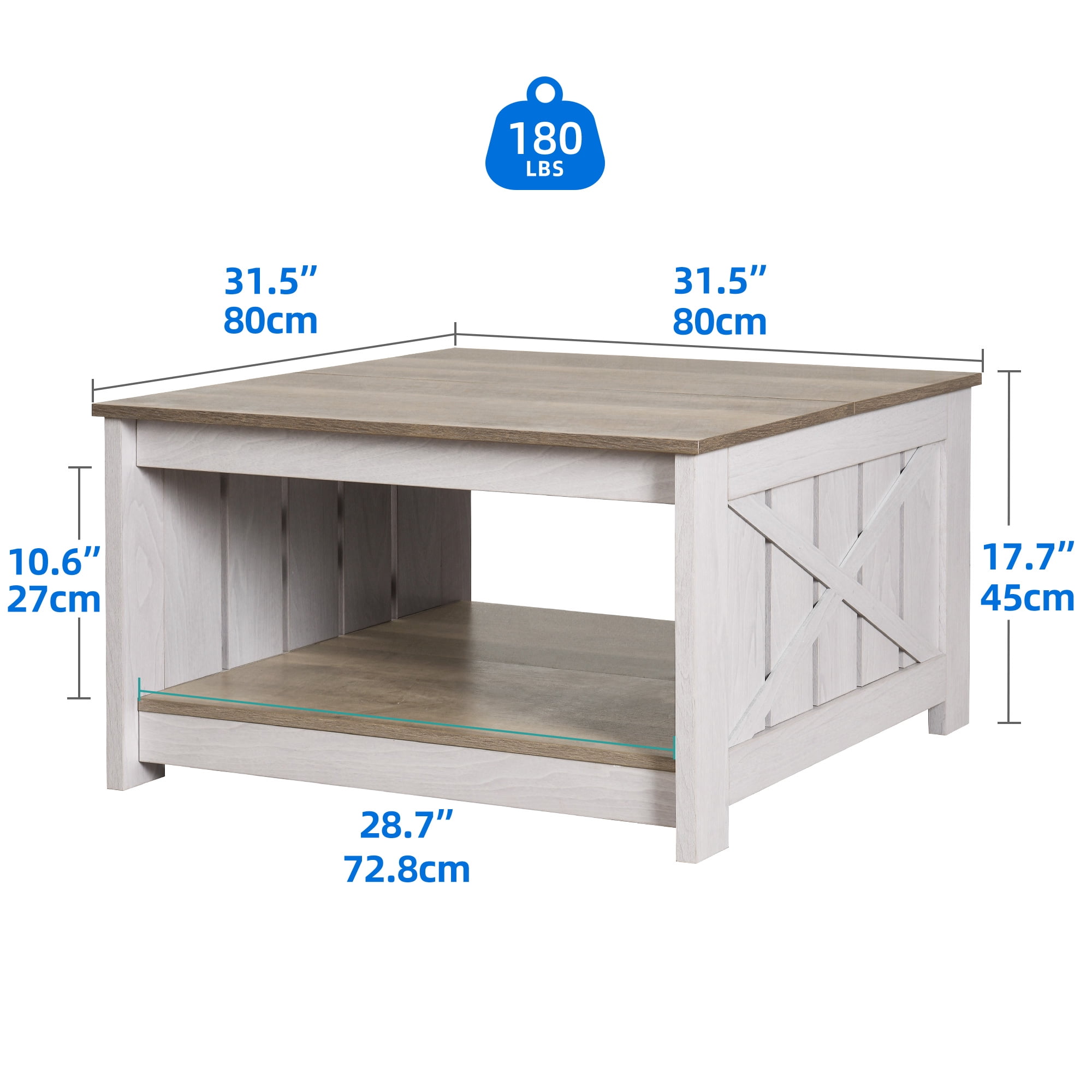 Dextrus Square Coffee Table, Farmhouse Coffee Table with Half Open Storage Compartment, Gray Wash