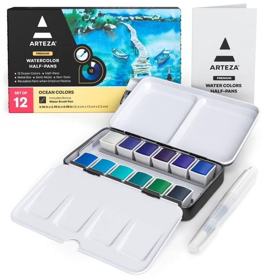 Arteza Watercolor Paint, Multicolor, Set of 12, Half Pans