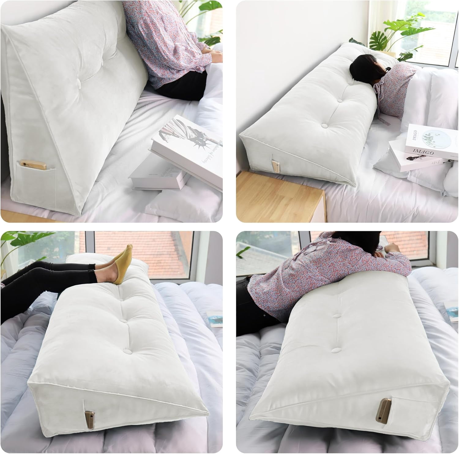 Headboard Wedge Pillow Bed Wedge Pillow for Headboard Bolster Reading Pillow for Bed Back Pillow for Sitting in Bed Wedge Pillow Headboard with Removable Velvet Cover (White, Queen)