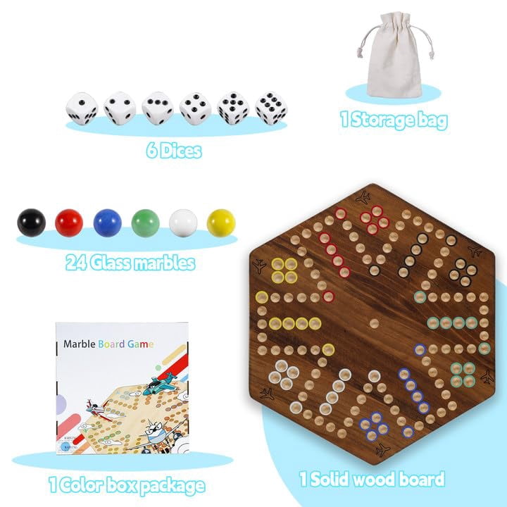 Grhonior 20 in Wooden Fast Track Board Game Original Wahoo Board Game for 6 and 4 Players with Marbles and Dices Burnt Color Board Marble Game
