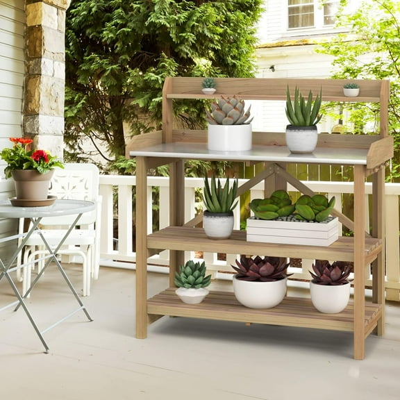 S AFSTAR Garden Potting , Gardening Work Station Table with 2 Storage Shelves, Fir Wood Structure and Metal Tabletop, Gardening Table Potting Benches for Outside Backyard Balcony